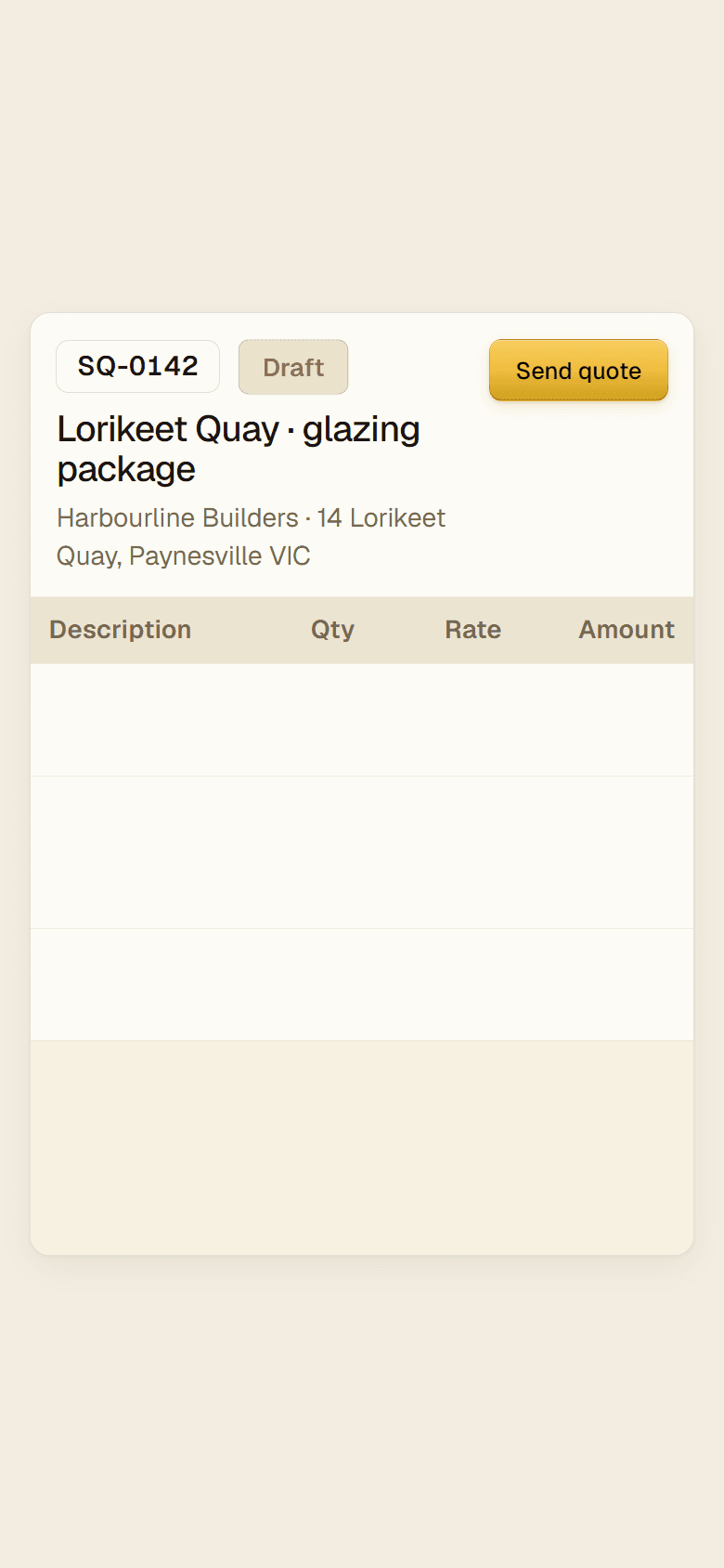 A quote coming together: three glazing lines land off the pricelist, the subtotal, GST and total settle, and Send flips the quote from Draft to Sent.