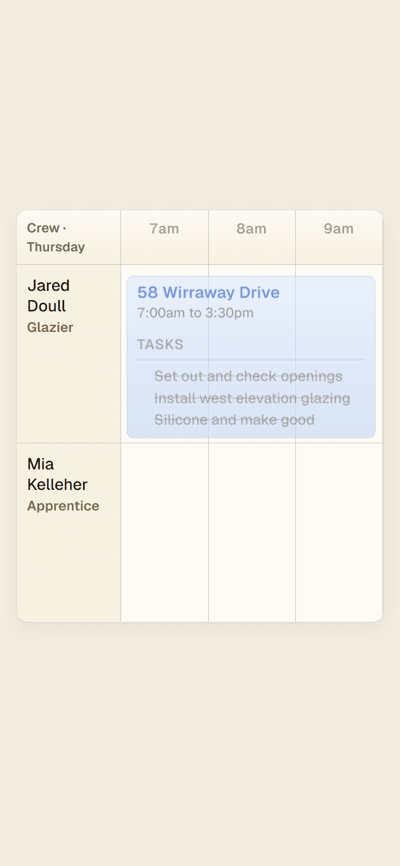 Two crew on the day board: the blocks land on the timeline, the tasks under them tick off one by one, and the day totals settle into hours ready for timesheets.