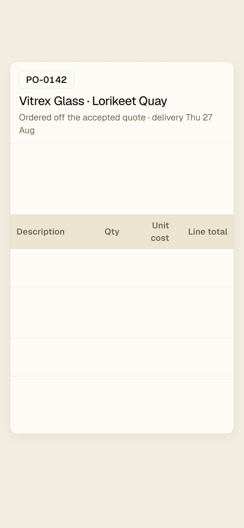 A purchase order coming together: three suppliers compared on price, the cheapest taken, and the ordered lines totalling up.