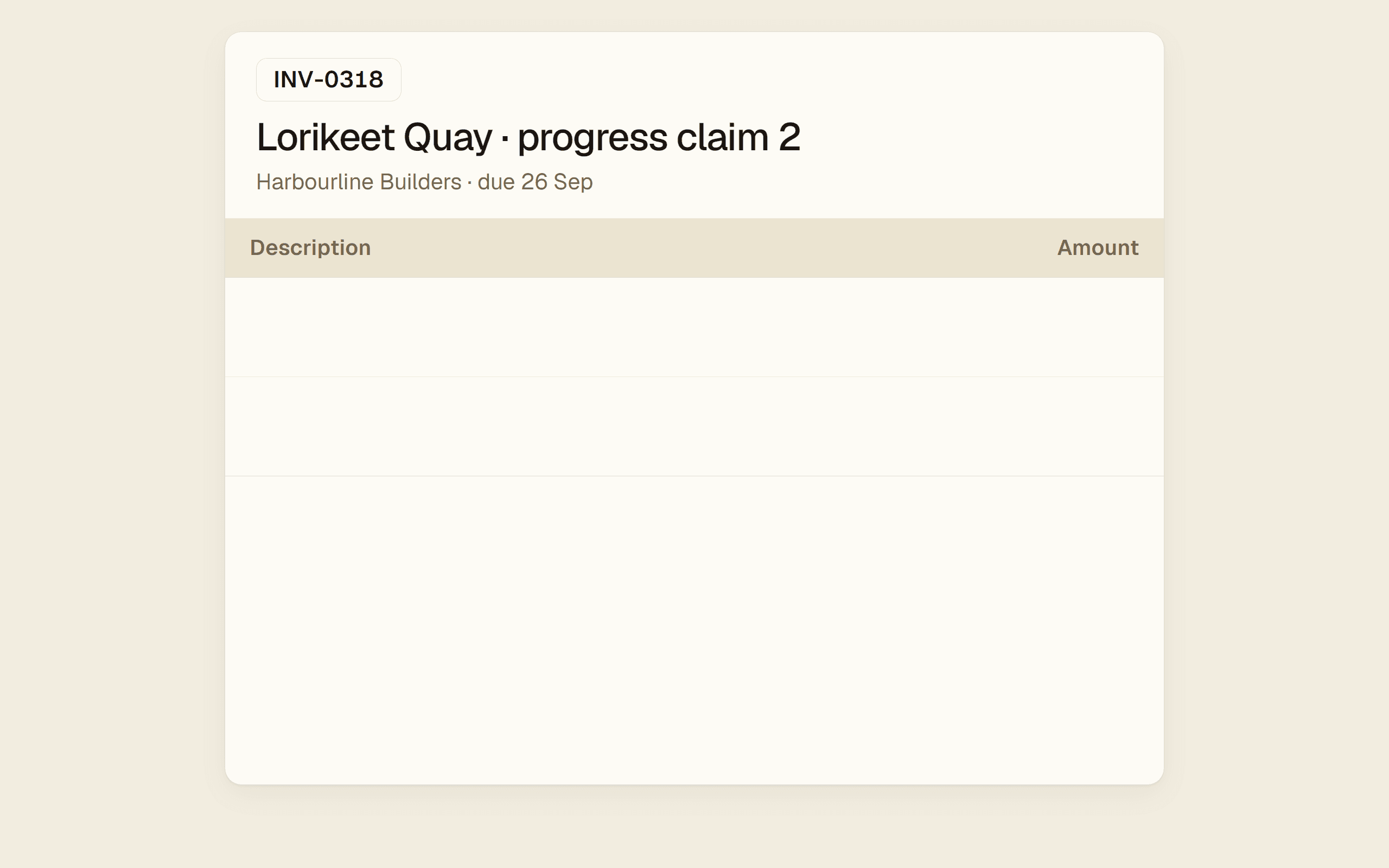 An invoice against the job: the progress claim and an approved variation, the totals settling, and the balance sent to Xero with a reminder already scheduled.
