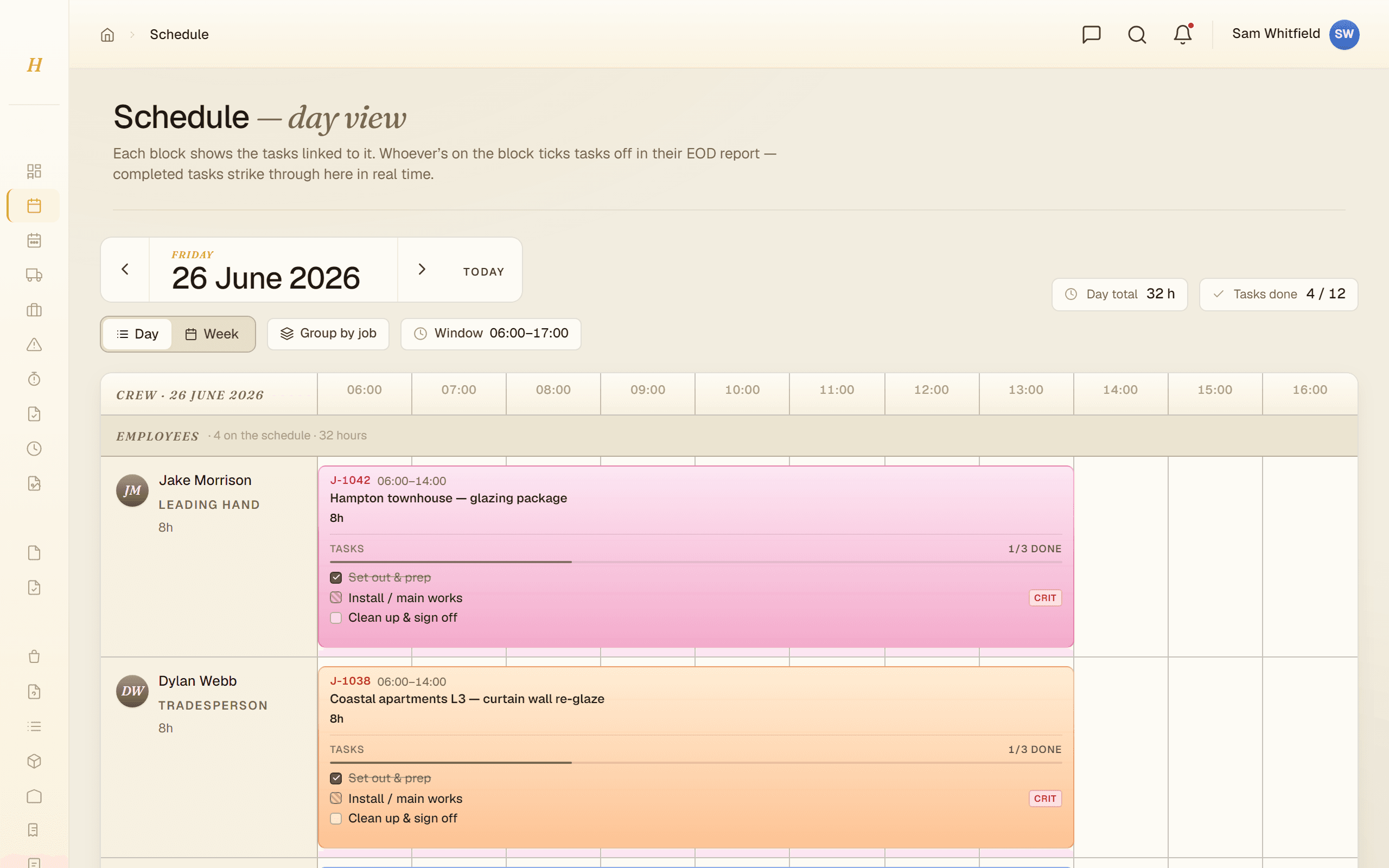 The schedule day view: each crew member’s day as a block on a timeline, with the tasks linked to that block underneath.