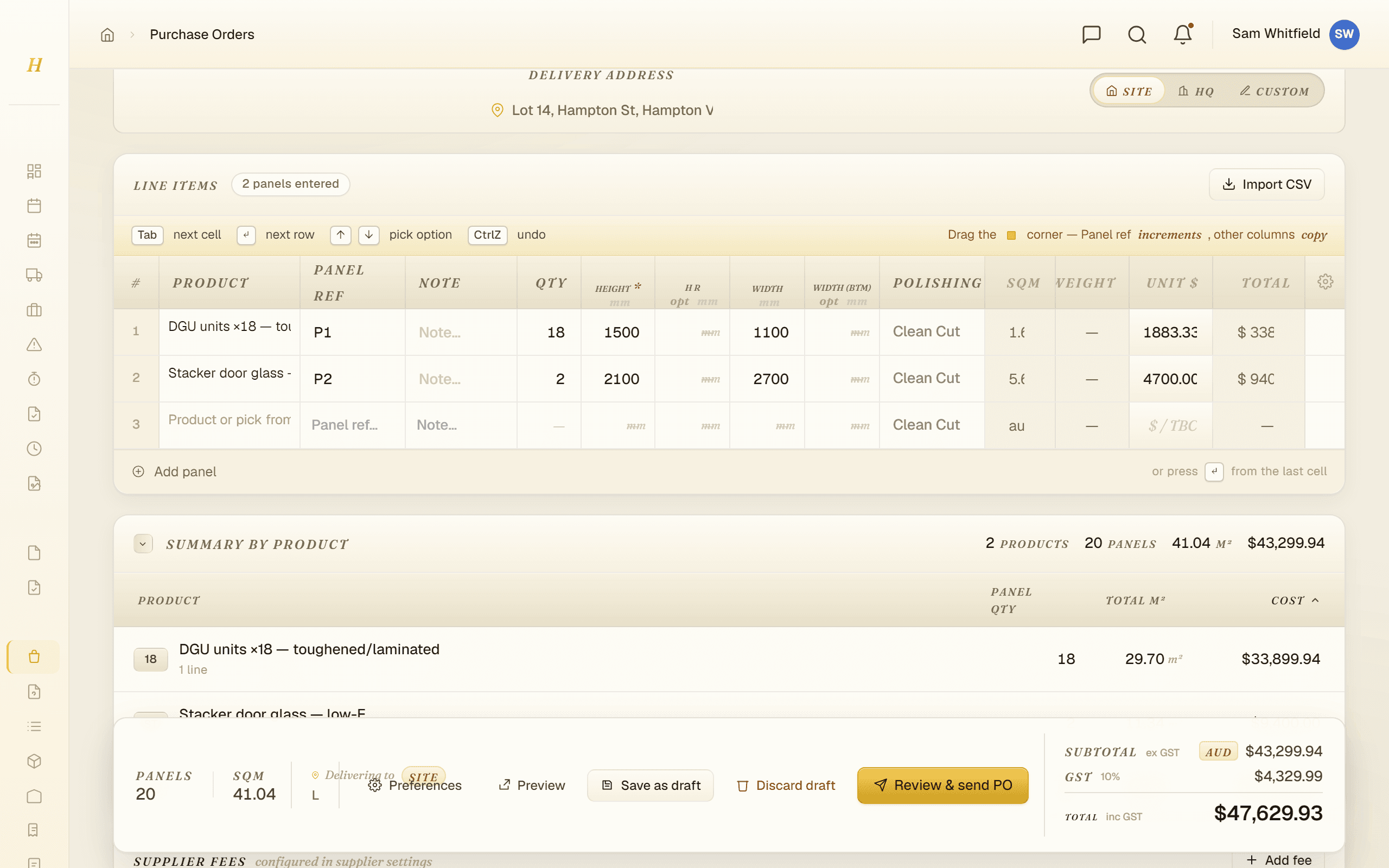 A purchase order being built against a supplier pricelist, with per-line costs and a running order total.