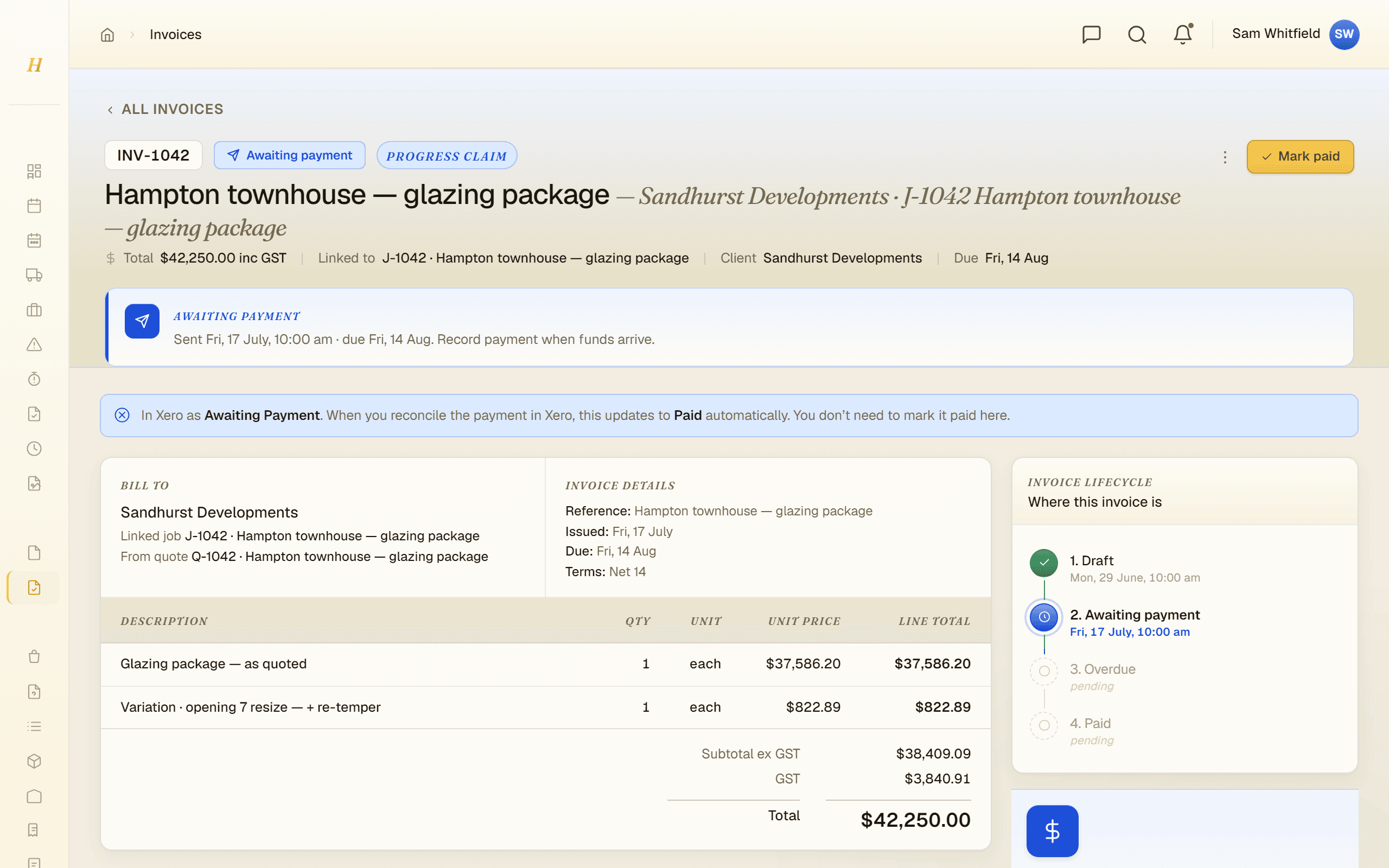 A tax invoice against the finished job, showing the amount claimed, what is outstanding and where it sits with the client.