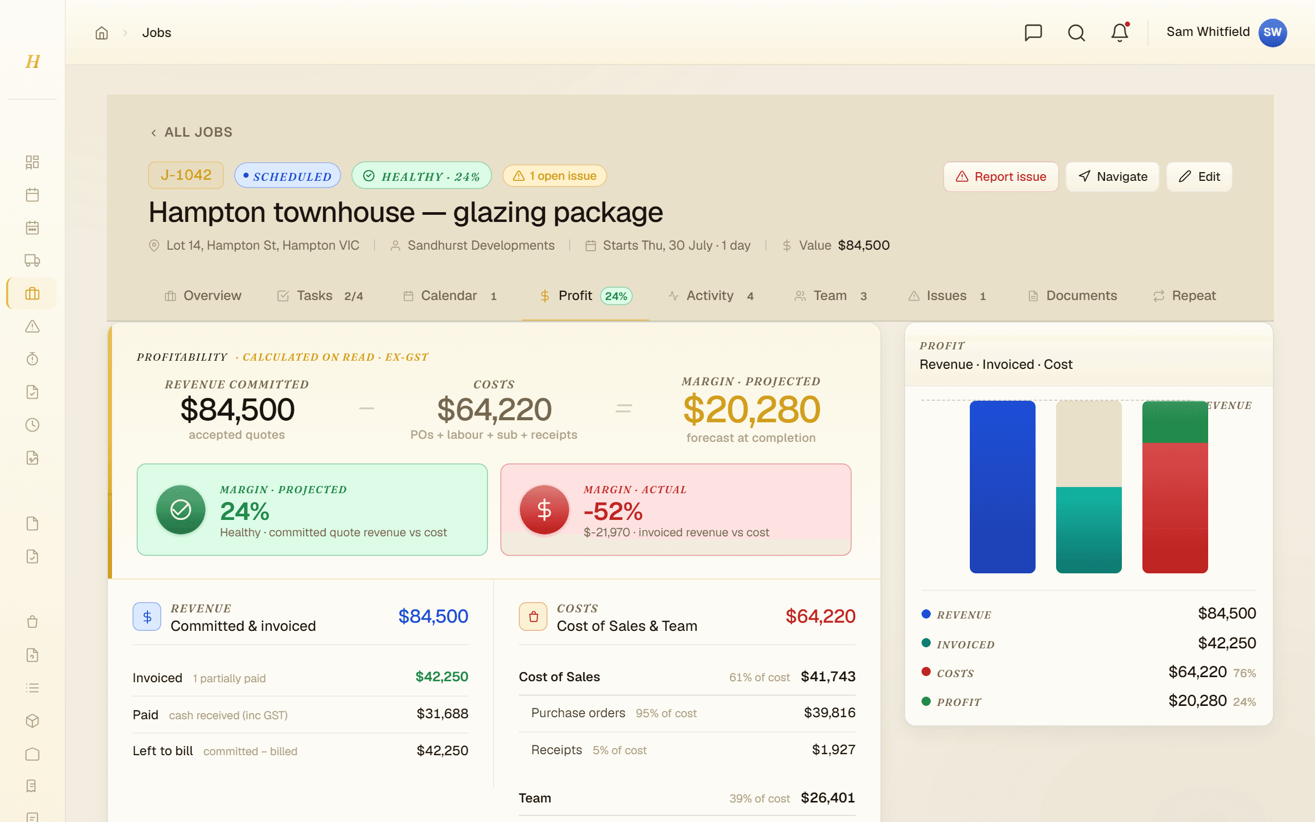 A job’s profitability: committed revenue of $84,500 less $64,220 of costs, a projected margin of 24 percent flagged healthy, and the cost broken down across purchase orders, receipts and team.